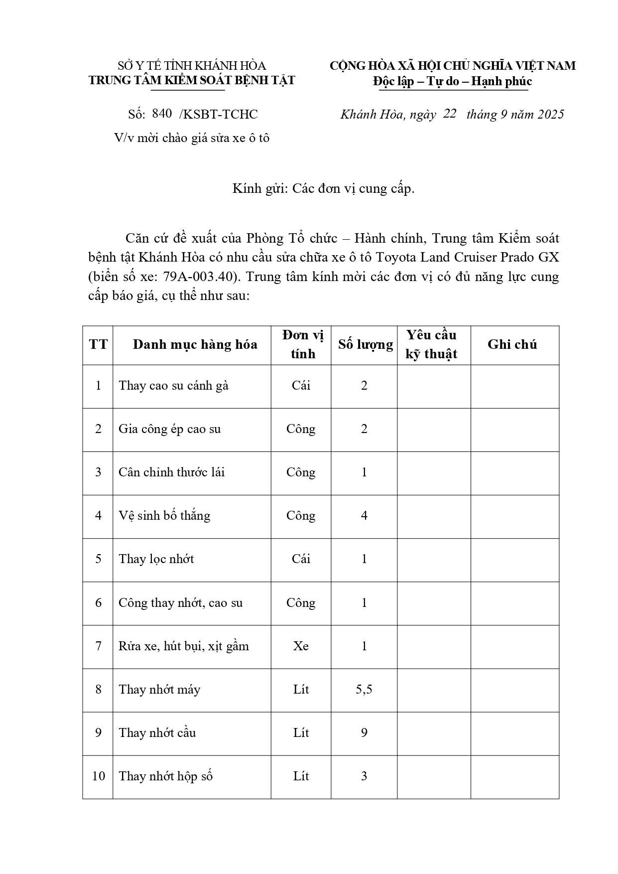 V/v mời chào giá sửa xe ô tô